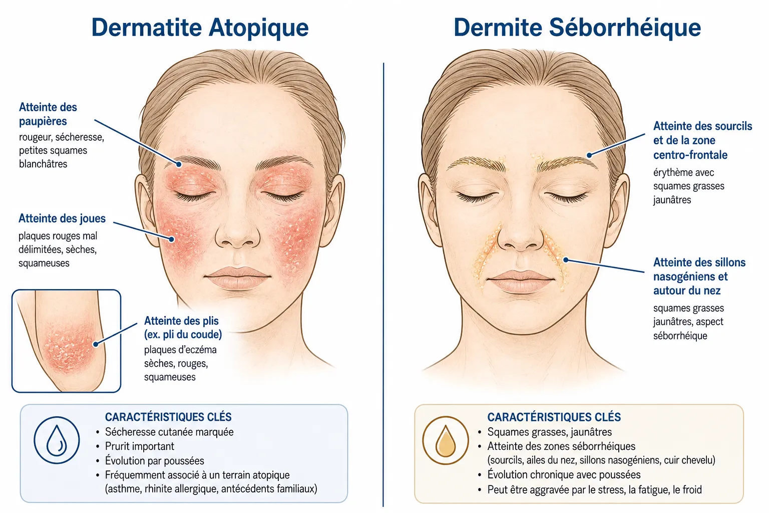 Schéma comparatif dermatite atopique et dermite séborrhéique : zones du visage et plis touchés, caractéristiques cliniques